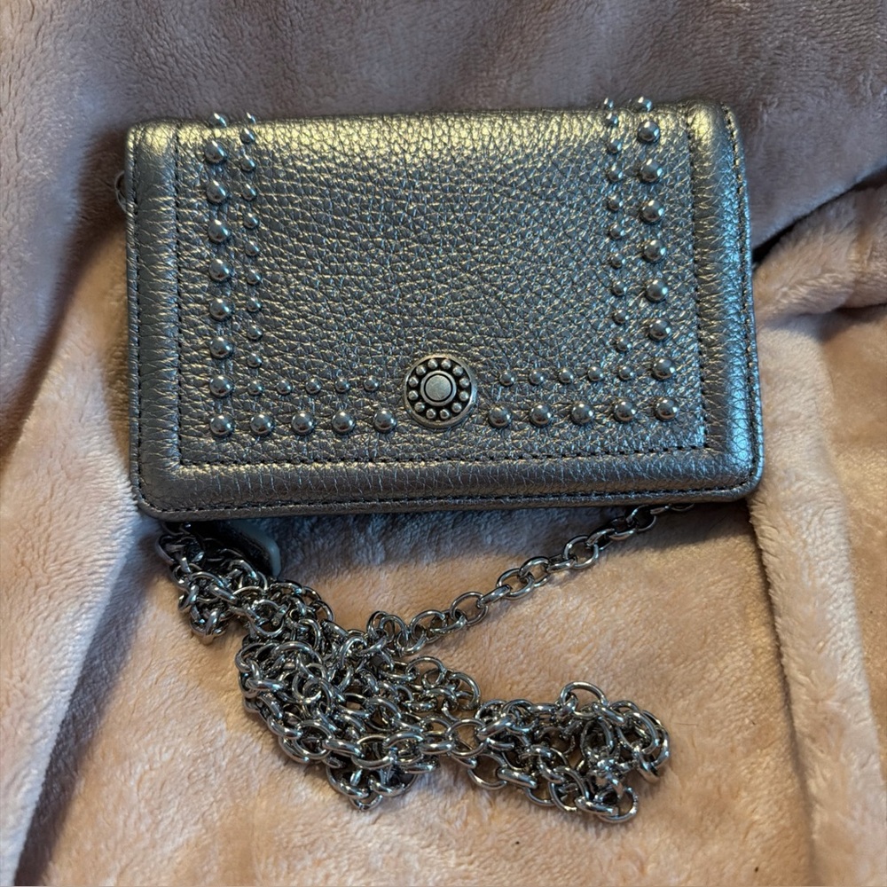 Brighton Metallic Silver Pretty Tough Pebbled Leather Chain Crossbody Wallet